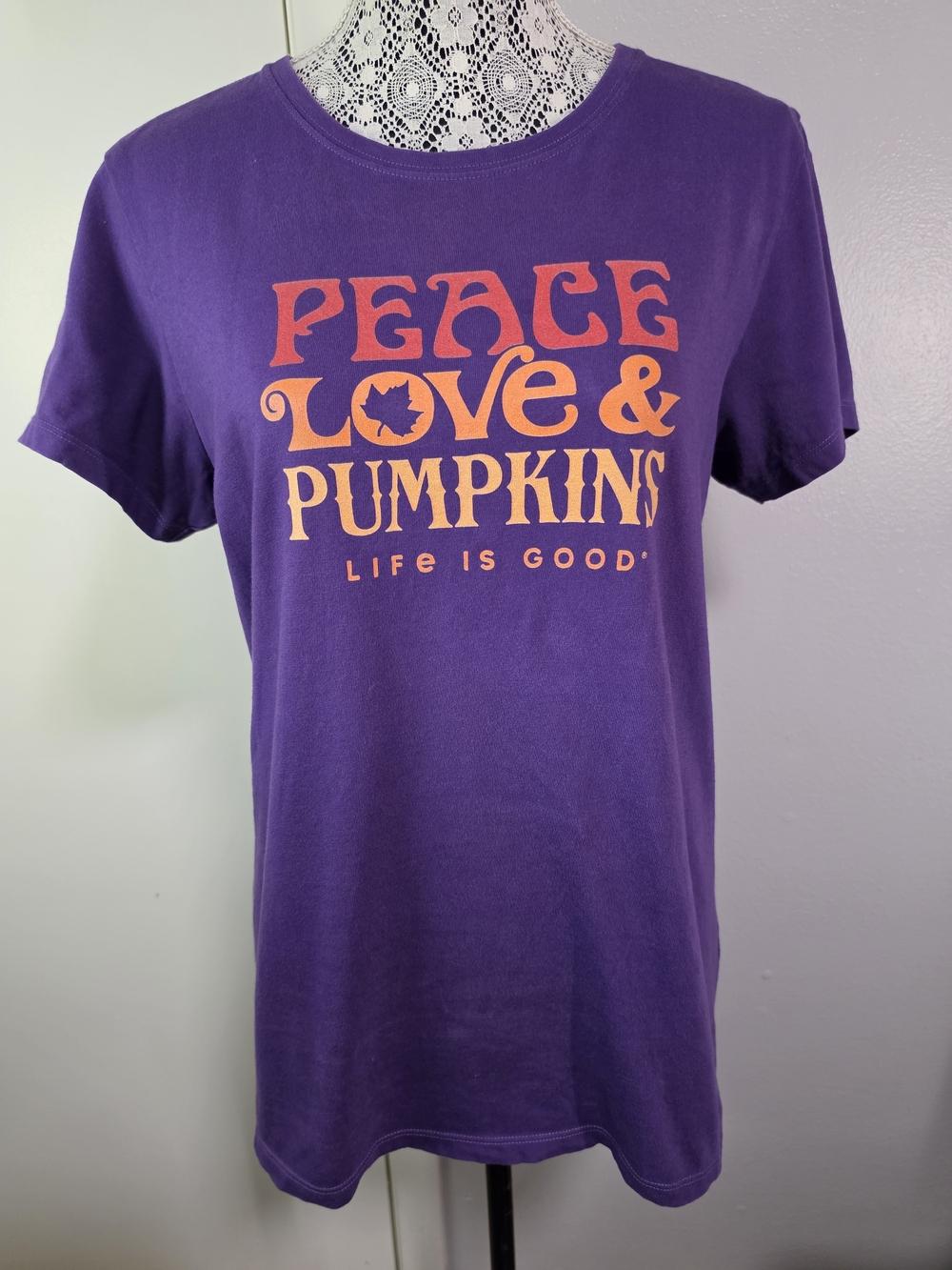 Life is Good Large Purple Peace Love & Pumpkins Crusher Tee Cotton Fall Shirt